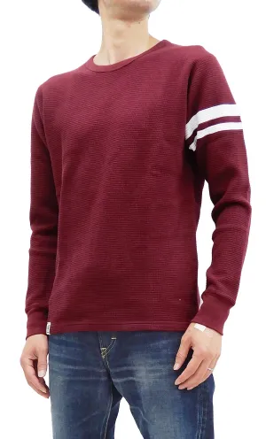 Momotaro Jeans Waffle Shirt Men's Long Sleeve Waffle-Knit Thermal T-Shirt with Stripe MZTS0079 Burgundy