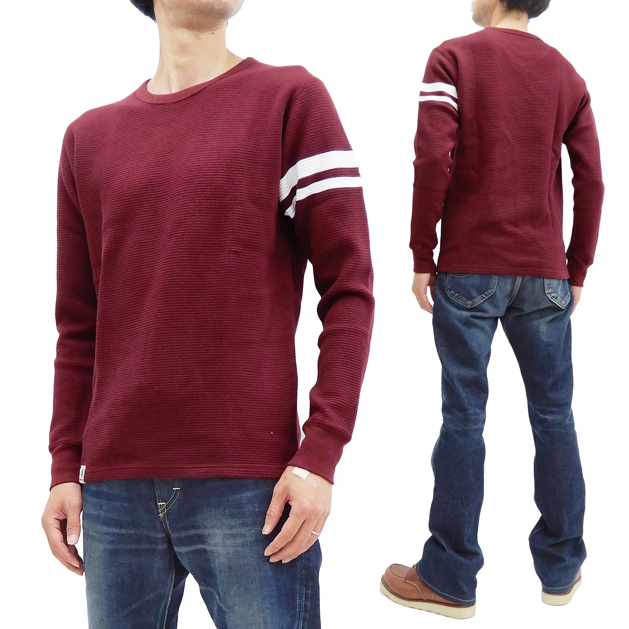 Momotaro Jeans Waffle Shirt Men's Long Sleeve Waffle-Knit Thermal T-Shirt with Stripe MZTS0079 Burgundy