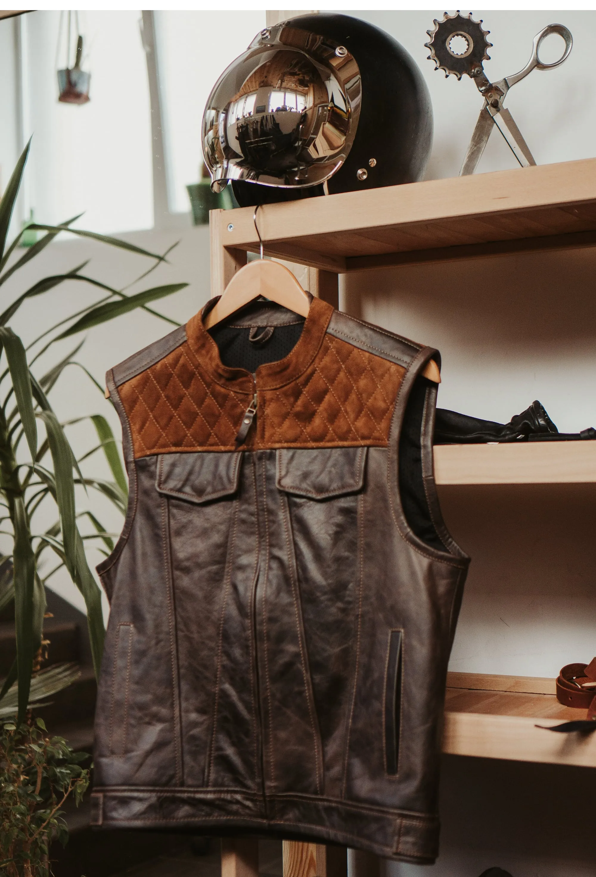 Motorcycle Club Leather Vest, Suede Diamond Stitch