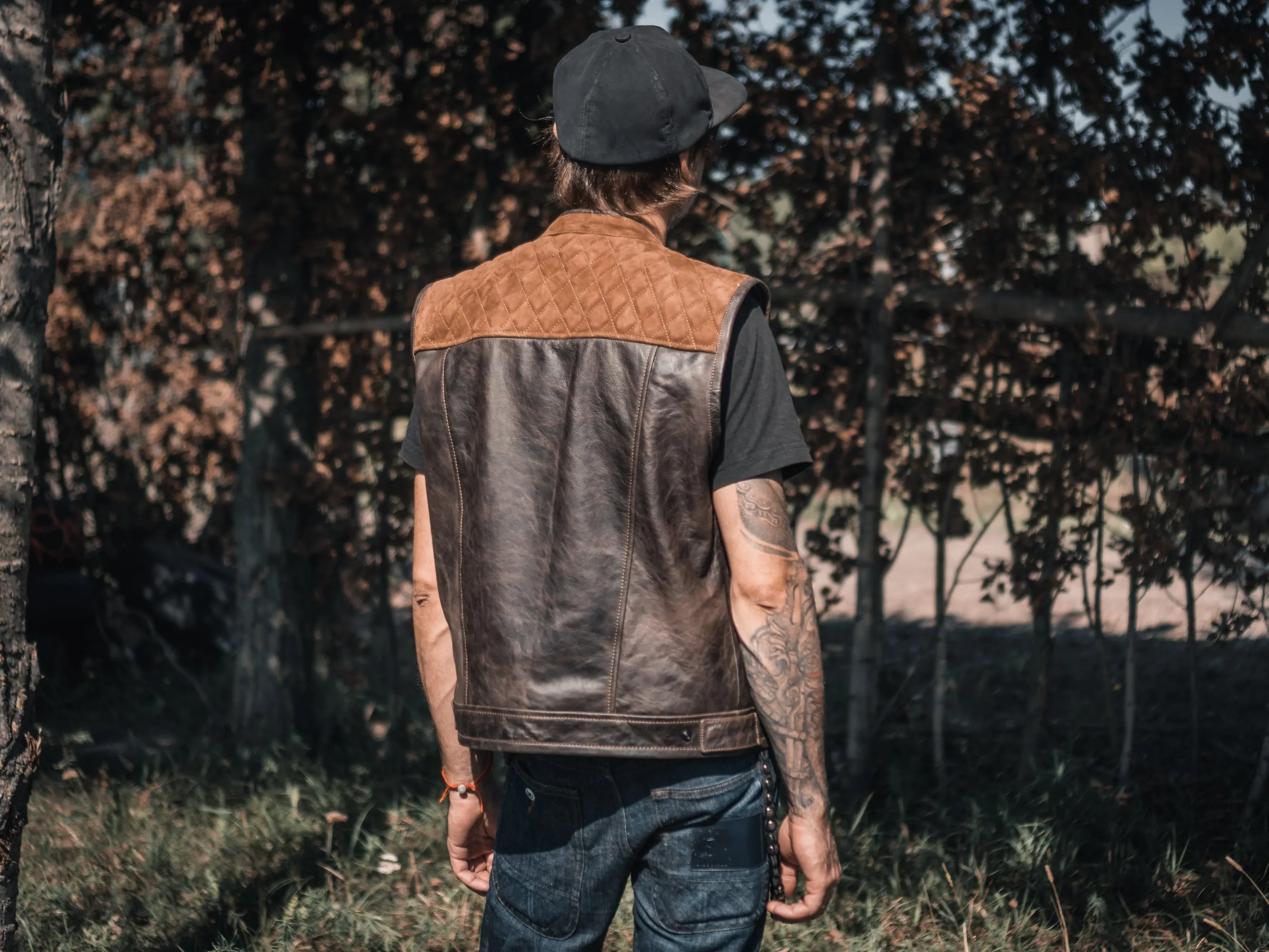 Motorcycle Club Leather Vest, Suede Diamond Stitch