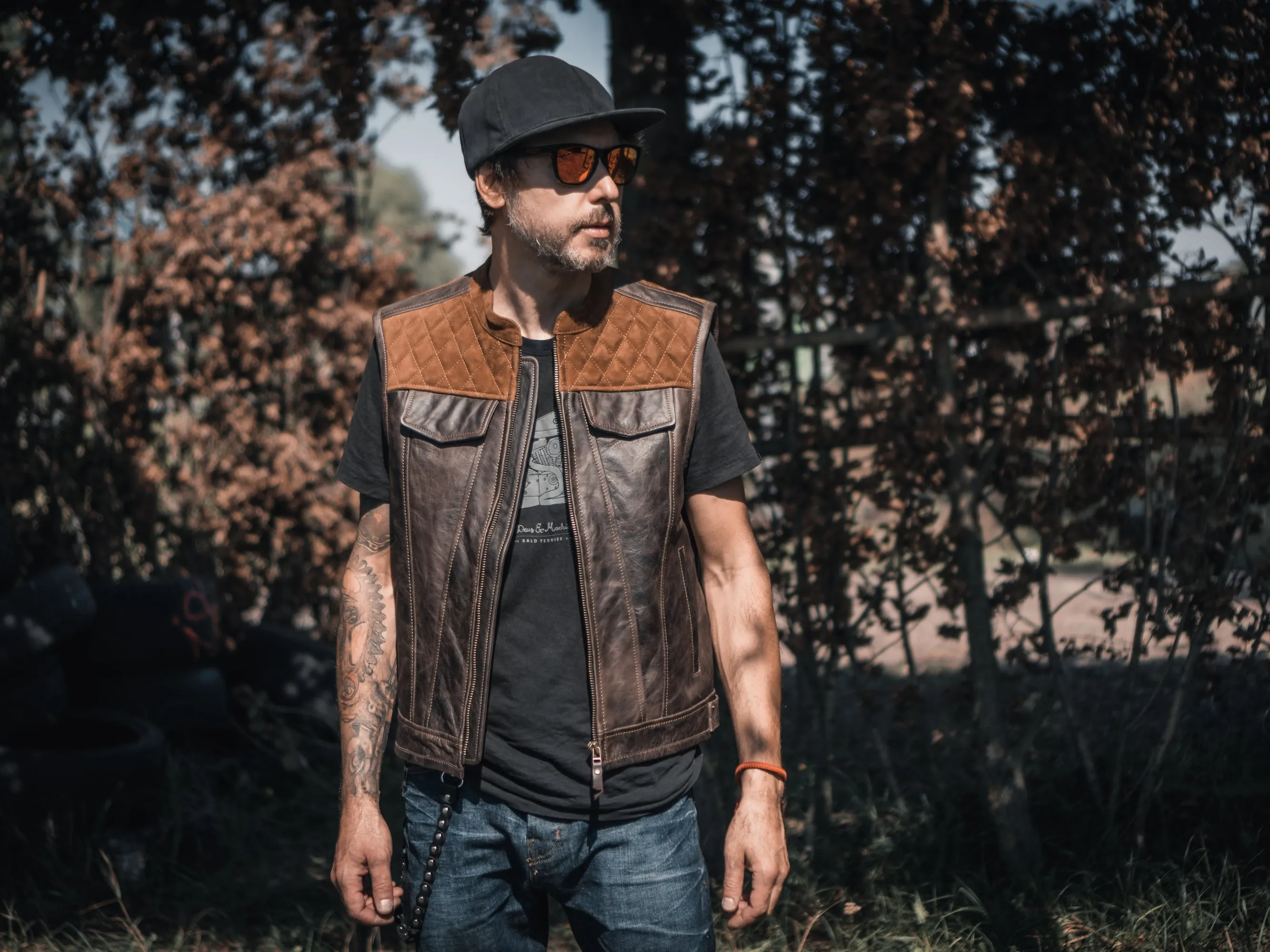 Motorcycle Club Leather Vest, Suede Diamond Stitch