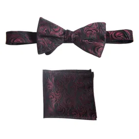 Self Tie Bow Tie and Pocket Square Handkerchief Set of Satin Paisley Jacquard