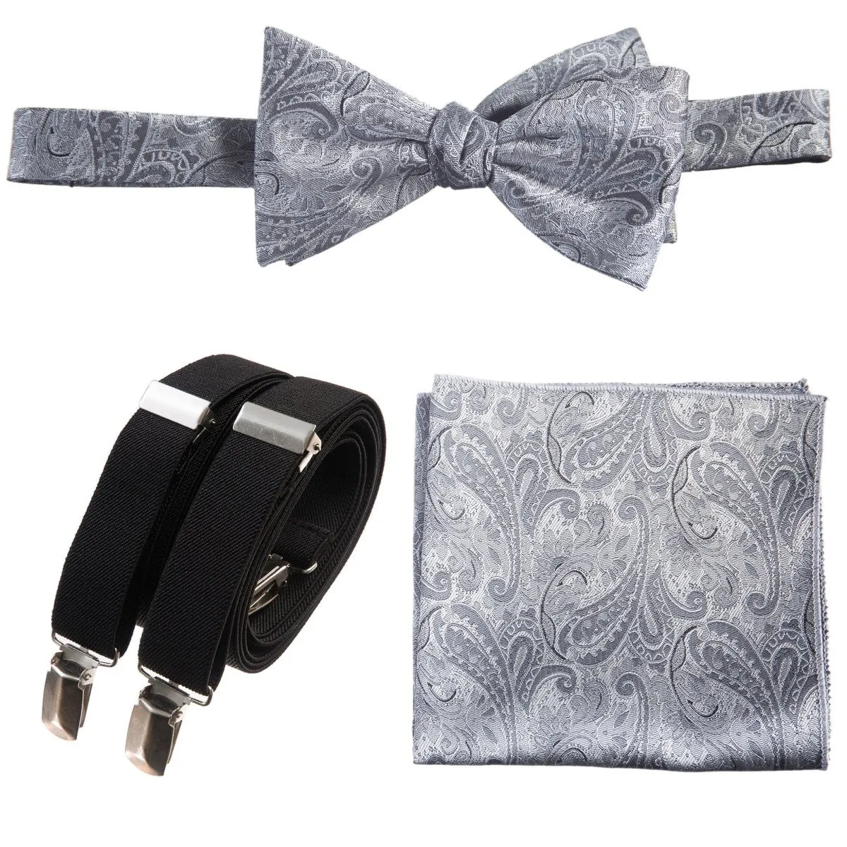 Self-tie Bow Tie & Pocket Square Paisley Jacquard with Adjustable Stretch Suspender