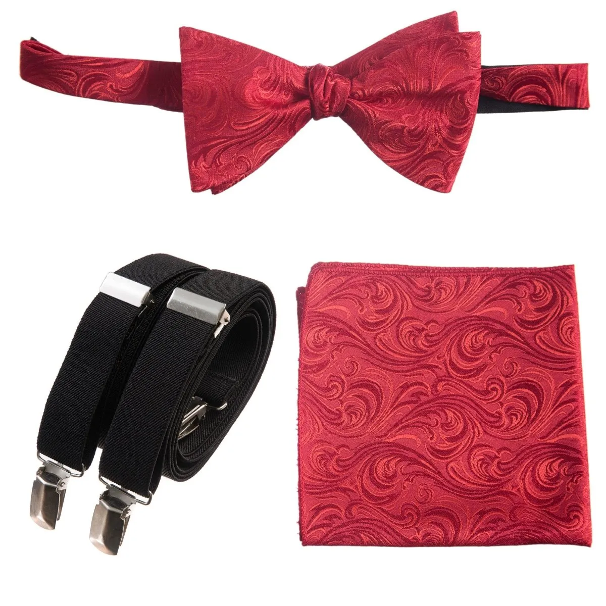 Self-tie Bow Tie & Pocket Square Paisley Jacquard with Adjustable Stretch Suspender