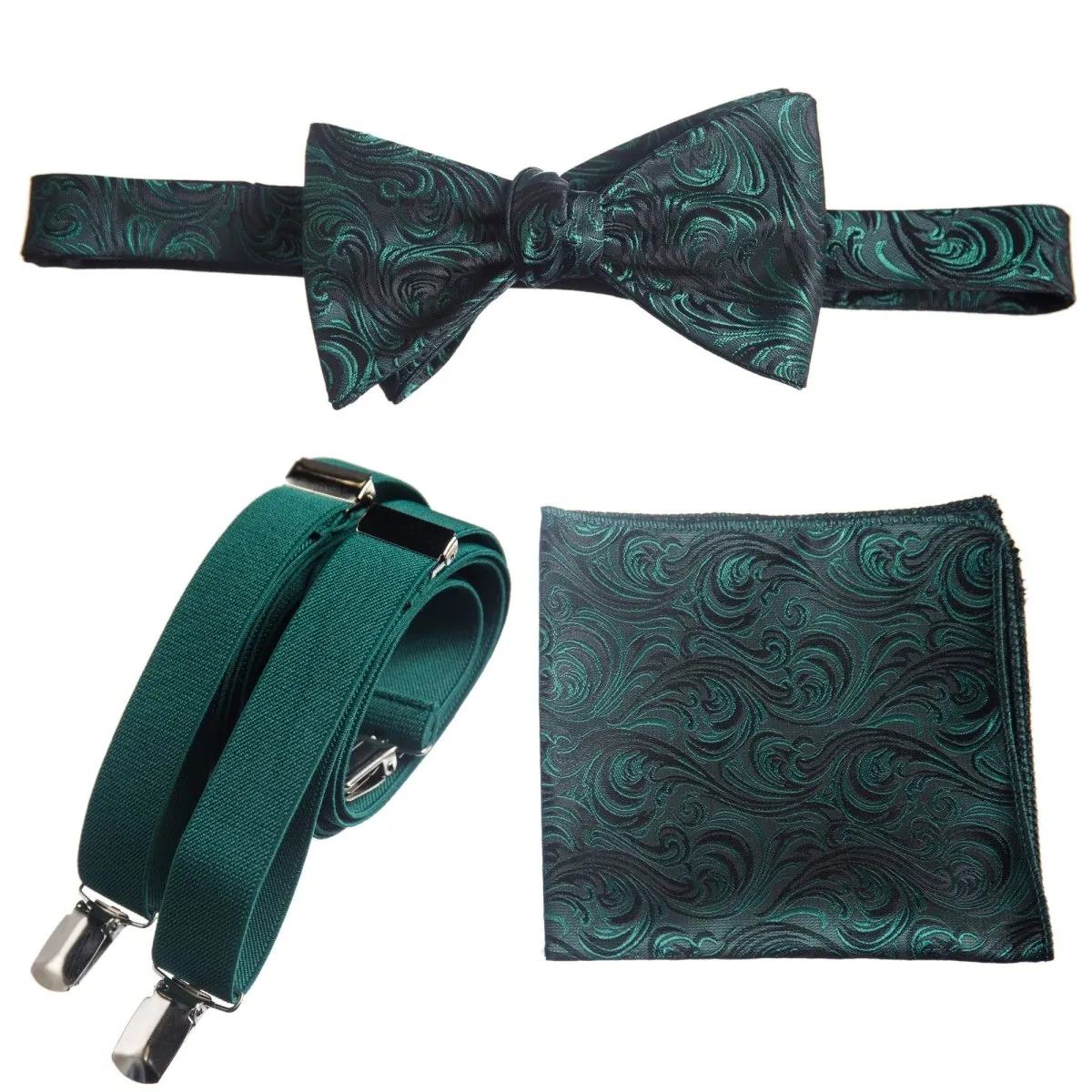 Self-tie Bow Tie & Pocket Square Paisley Jacquard with Adjustable Stretch Suspender