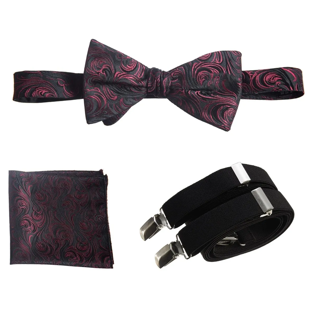 Self-tie Bow Tie & Pocket Square Paisley Jacquard with Adjustable Stretch Suspender