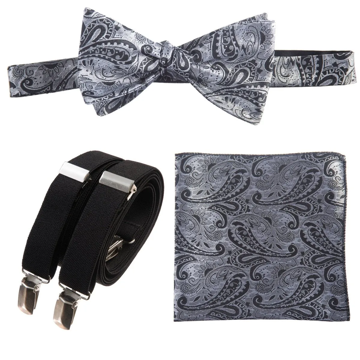 Self-tie Bow Tie & Pocket Square Paisley Jacquard with Adjustable Stretch Suspender