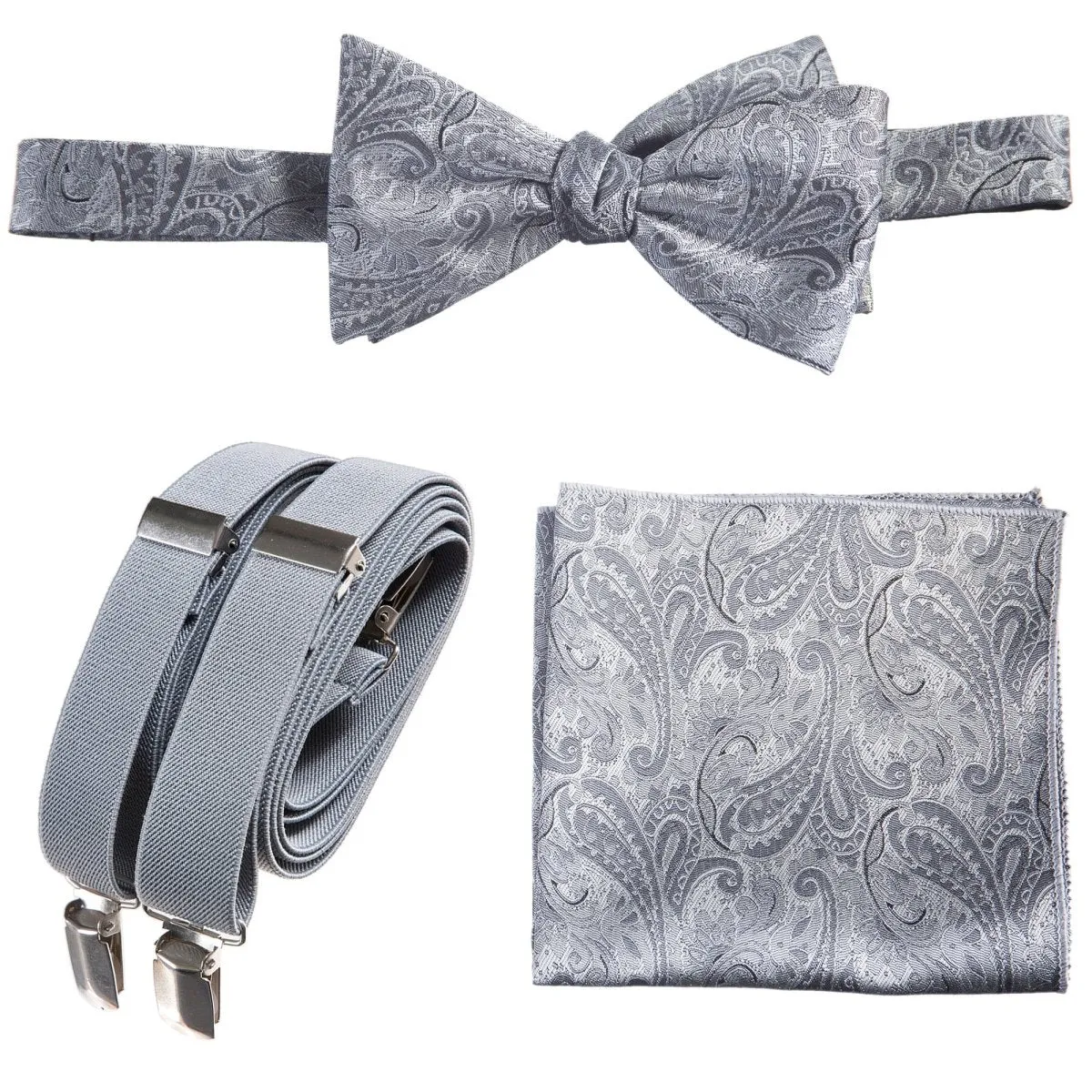 Self-tie Bow Tie & Pocket Square Paisley Jacquard with Adjustable Stretch Suspender