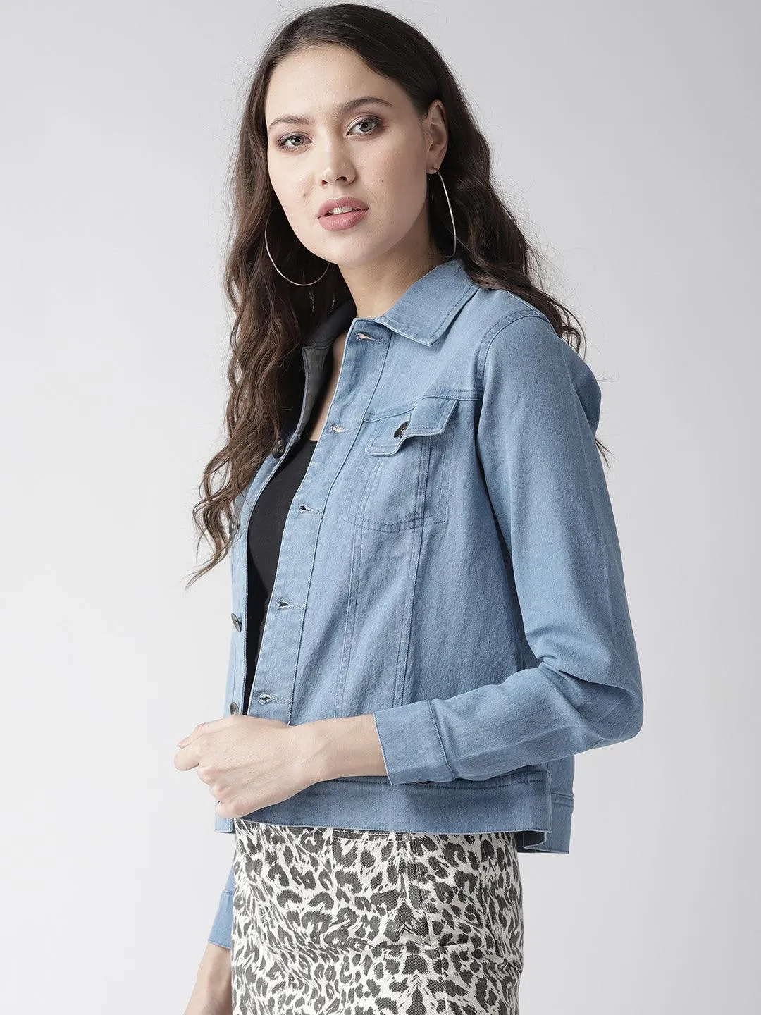 Style Quotient Women Light Wash Denim Smart Casual Jacket