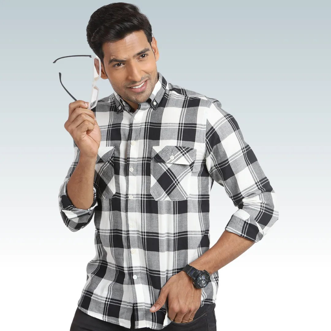 White Black Check Light-weighted Washed Button Down Casual Shirt