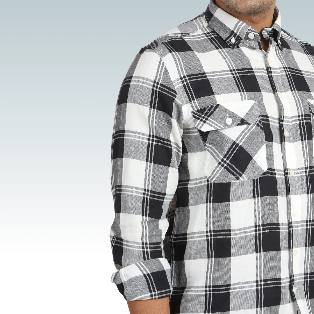 White Black Check Light-weighted Washed Button Down Casual Shirt