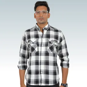 White Black Check Light-weighted Washed Button Down Casual Shirt