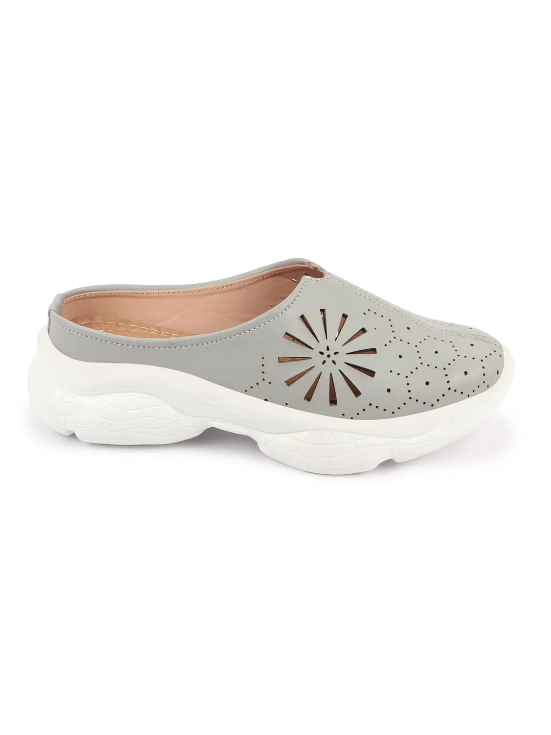 Women Grey Laser Cut Design Stitched Breathable Back Open Slip On Mules Shoes