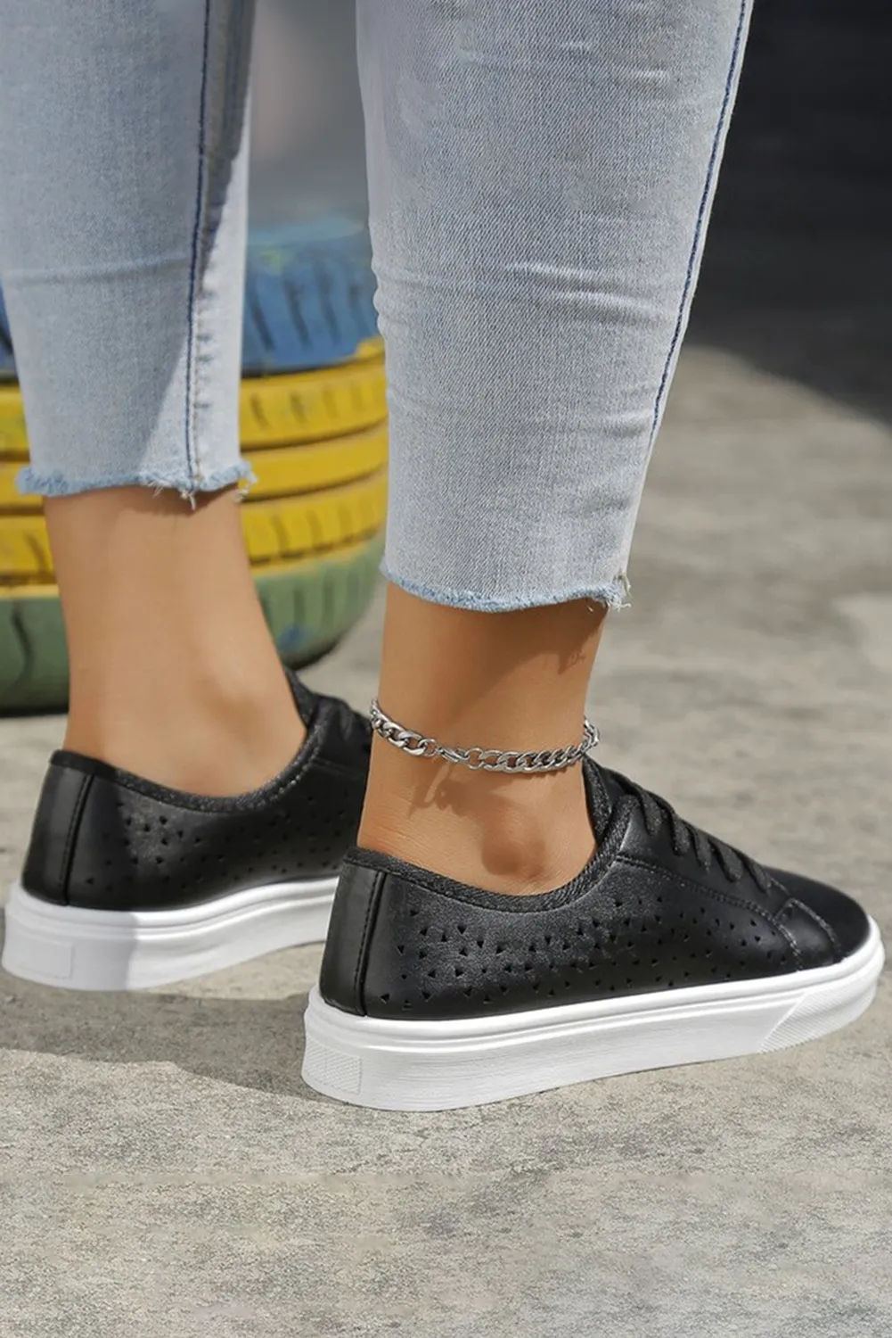 Women Shoes Black PU Leather Sneakers