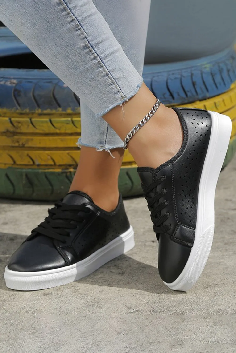 Women Shoes Black PU Leather Sneakers