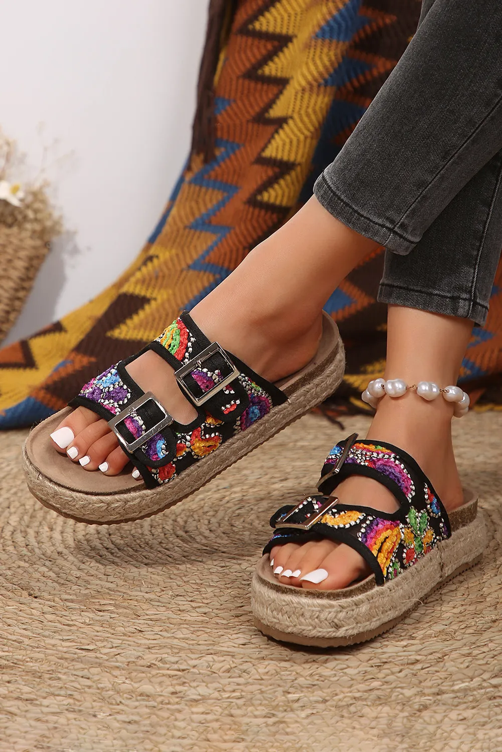 Women Shoes Paisley Print Double-Buckle Wedge Slippers