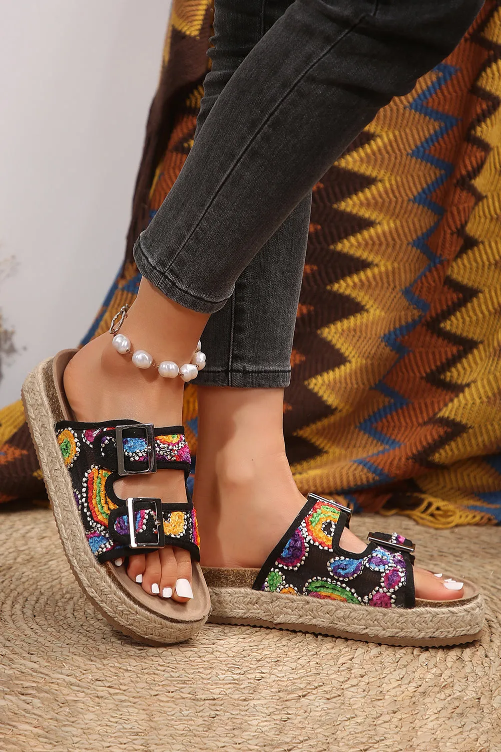 Women Shoes Paisley Print Double-Buckle Wedge Slippers