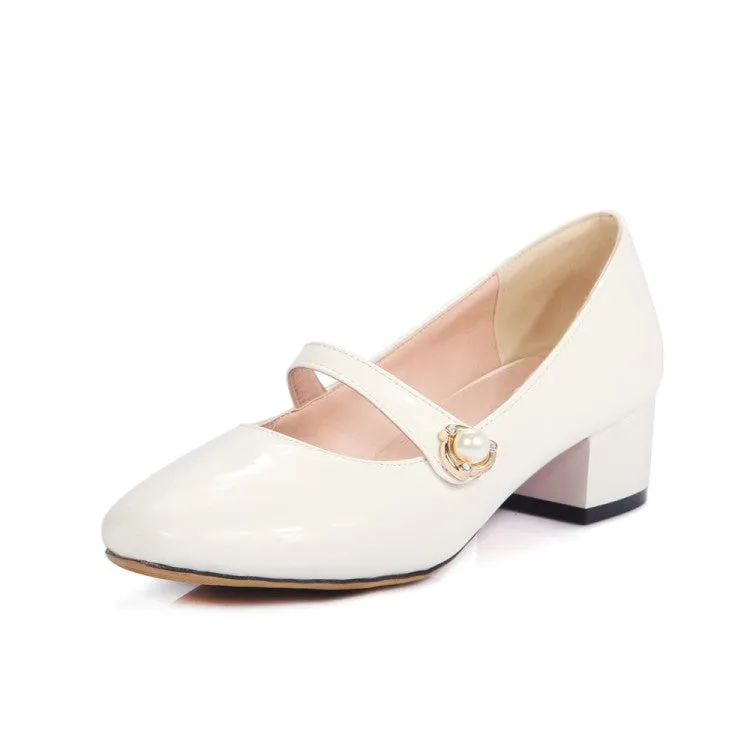 Women's Mary Janes Shallow Pearls Block Heel Pumps