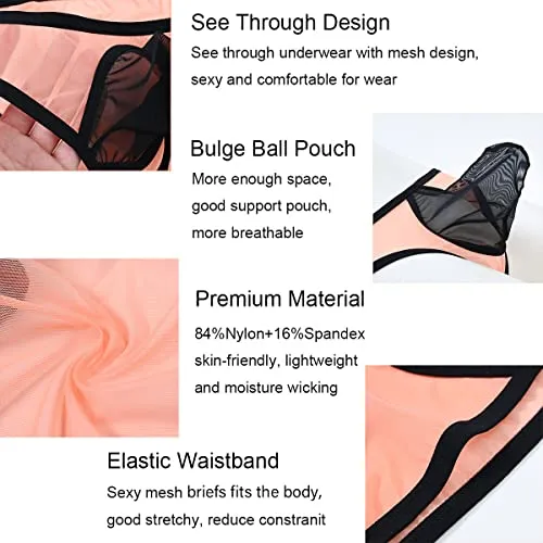 ZONBAILON Men's Underwear Sexy Low Rise Breathable Mesh Bulge Ball Pouch See Through Briefs,Orange XXL